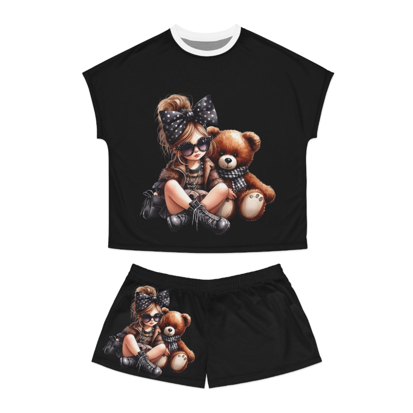 Women's Short Pajama Set - Girl and Teddy Design