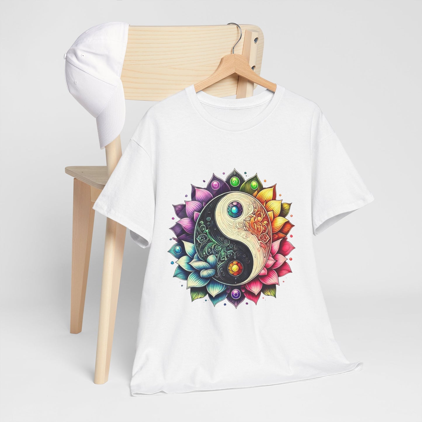 Yin Yang Floral Unisex Heavy Cotton Tee -  Mandala Design for Mindfulness and Serenity